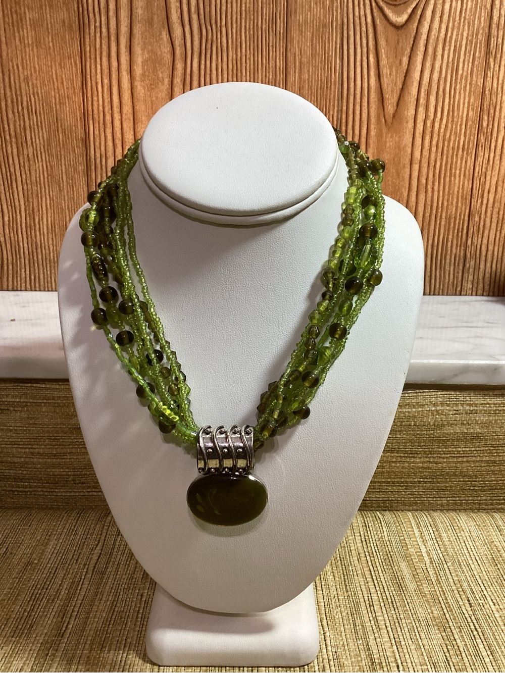 Green Multi-Strand Glass Bead Necklace with Stone Pendant